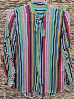 N°21 Numero Venturo 100% Silk Rainbow Striped Tie-Neck Long-Sleeve Blouse